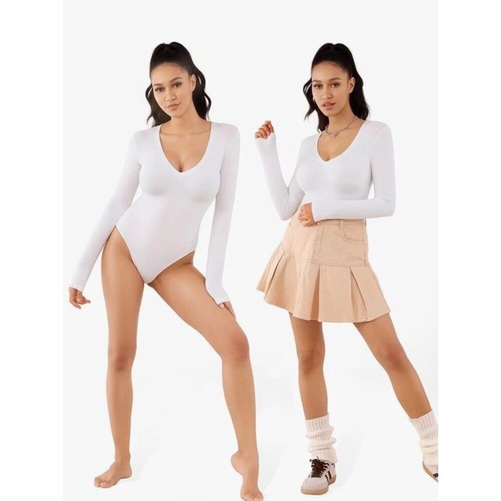 Mango Pop White Long Sleeve V Neck Body Suit Women Large Casual Professional